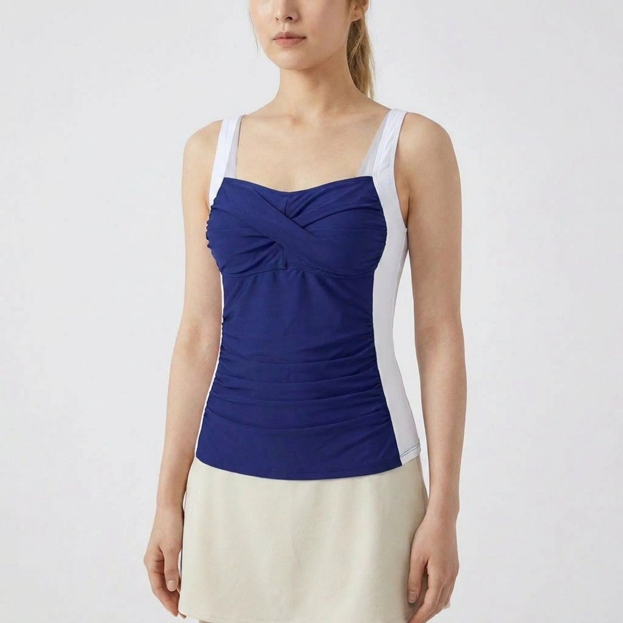 Anna-Kaci Swim Womens Tankini Swim Top with Twist Front Contrast Side Panels Adjustable Straps and Ruched Stretch Fabric