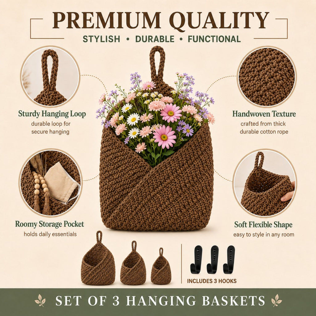 Woven Cotton Rope Hanging Basket Set Wall Storage Organizer with Hooks