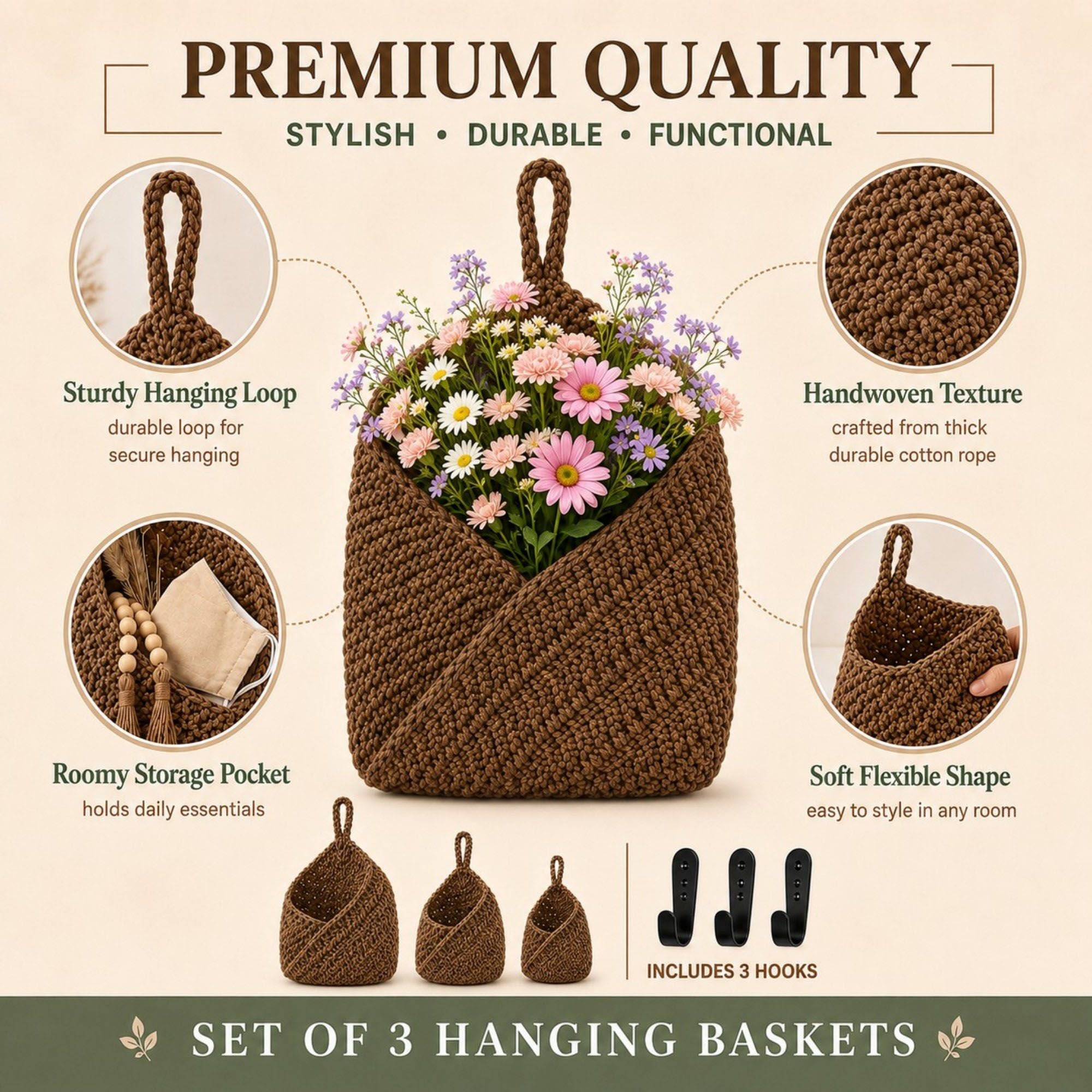 Woven Cotton Rope Hanging Basket Set Wall Storage Organizer with Hooks