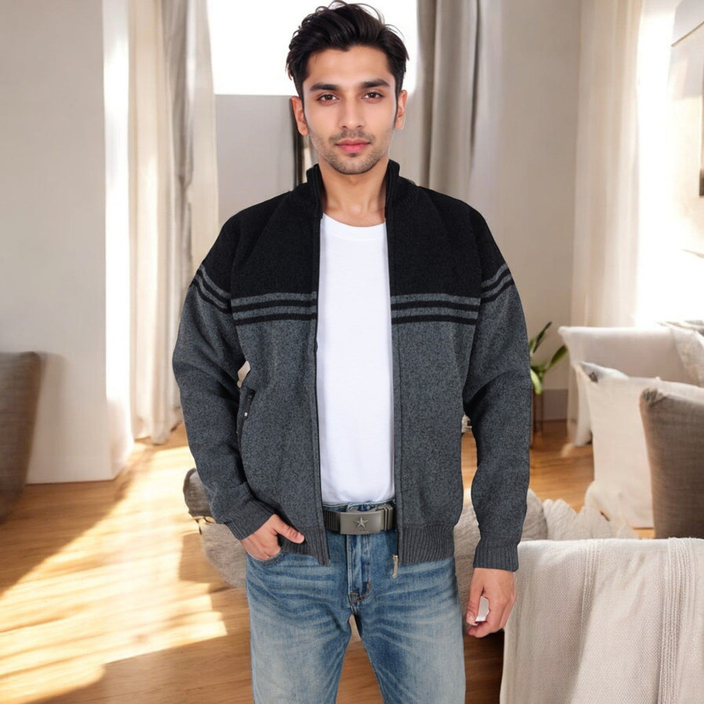 Anna-Kaci Men's Zip-Up Striped Fleece Jacket with High Collar and Front Pockets