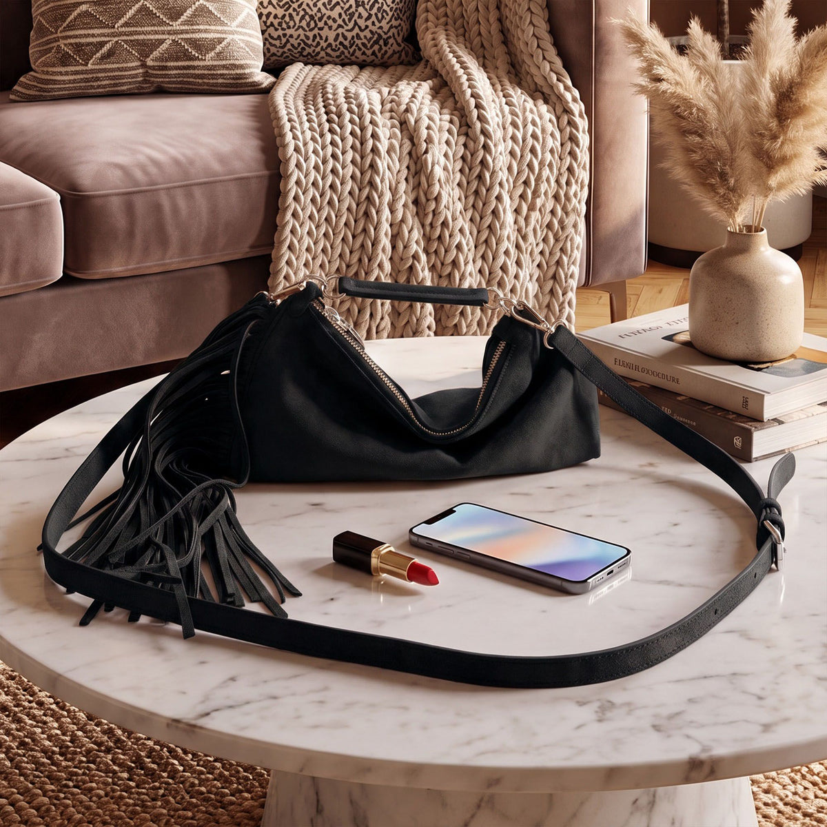 Slouchy Shoulder Handbag with Fringe Tassel and Zipper Closure