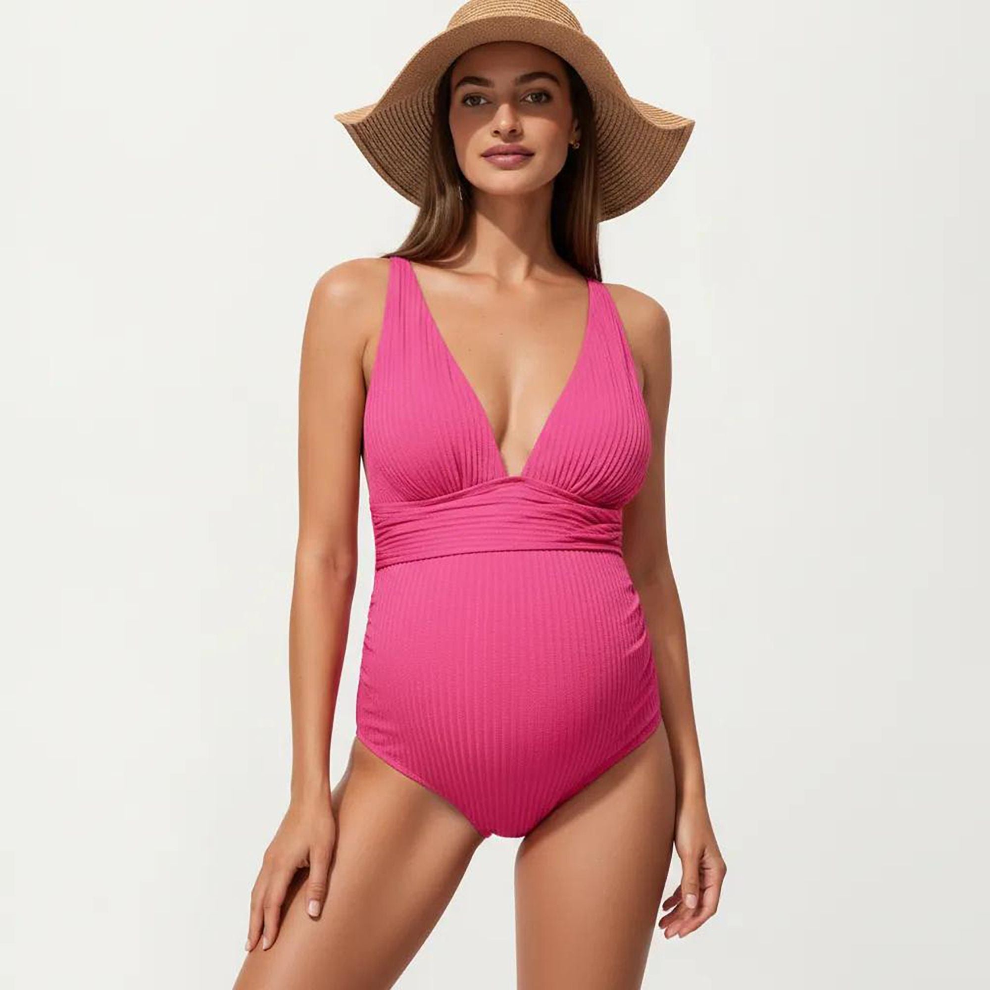 Anna-Kaci Swim Women's Maternity Ribbed One-Piece Swimsuit with Plunging Neckline and Ruched Waist