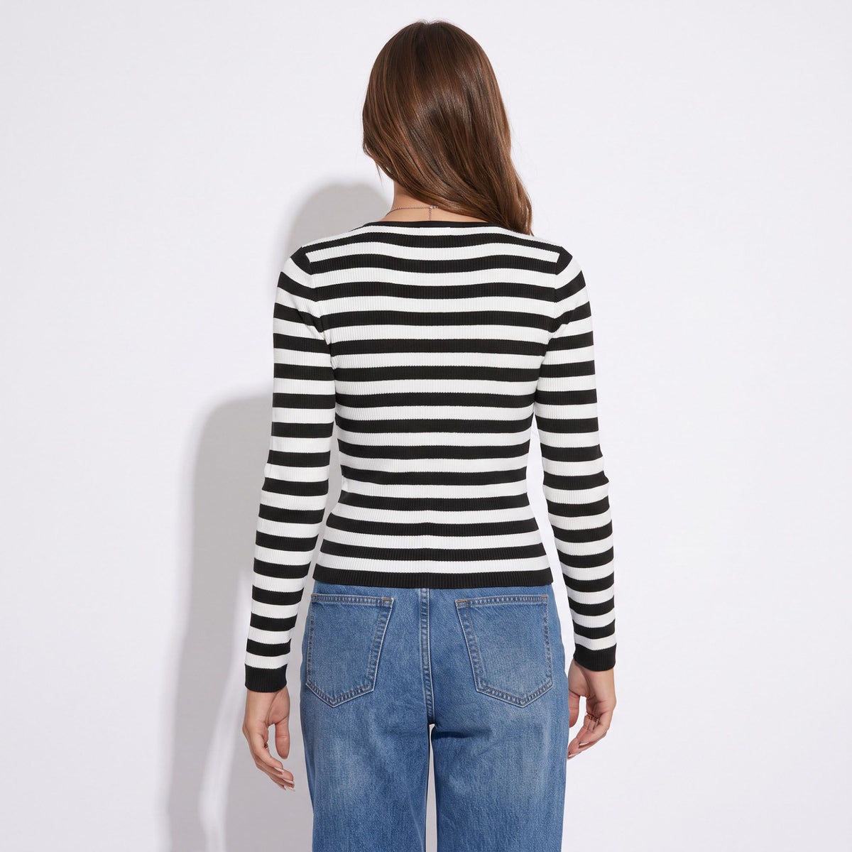 Striped Rib Knit Crewneck Long Sleeve Pullover Sweater