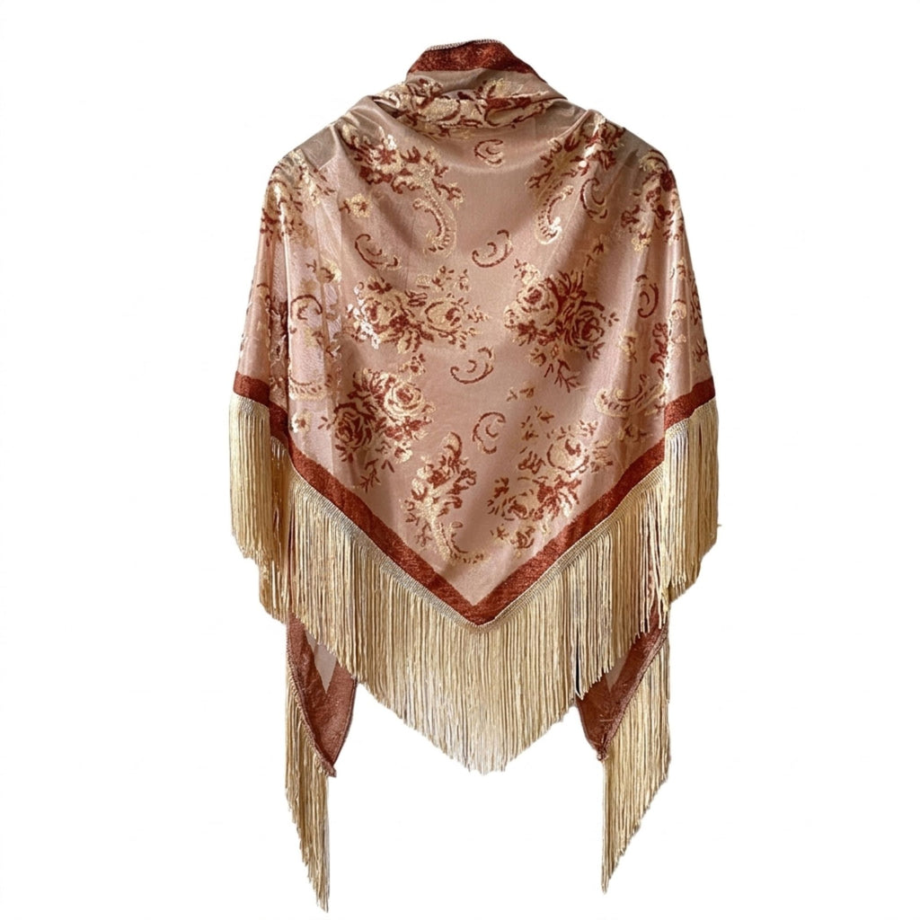 Triangle Shawl Scarf with Floral Jacquard and Fringe Trim