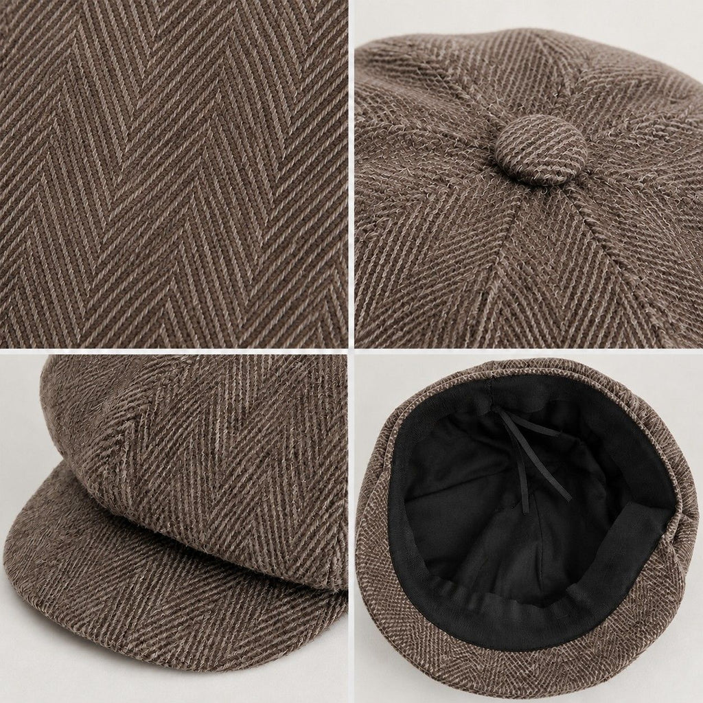Herringbone Tweed Newsboy Cap Vintage Baker Boy Hat Adjustable