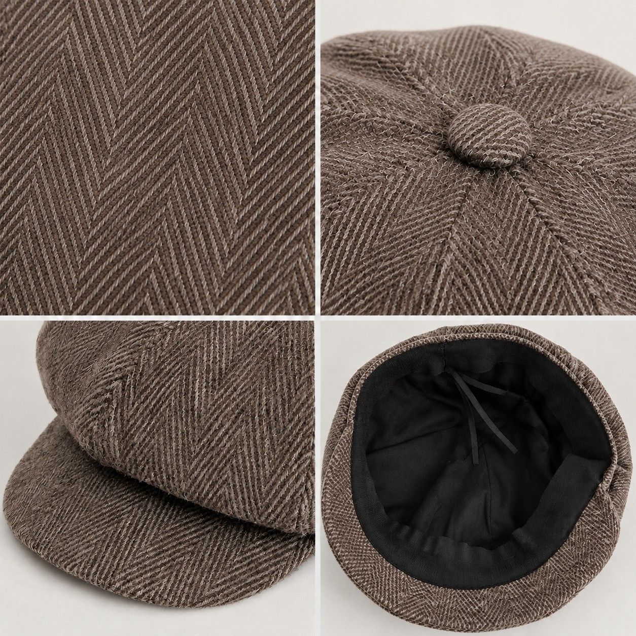 Herringbone Tweed Newsboy Cap Vintage Baker Boy Hat Adjustable