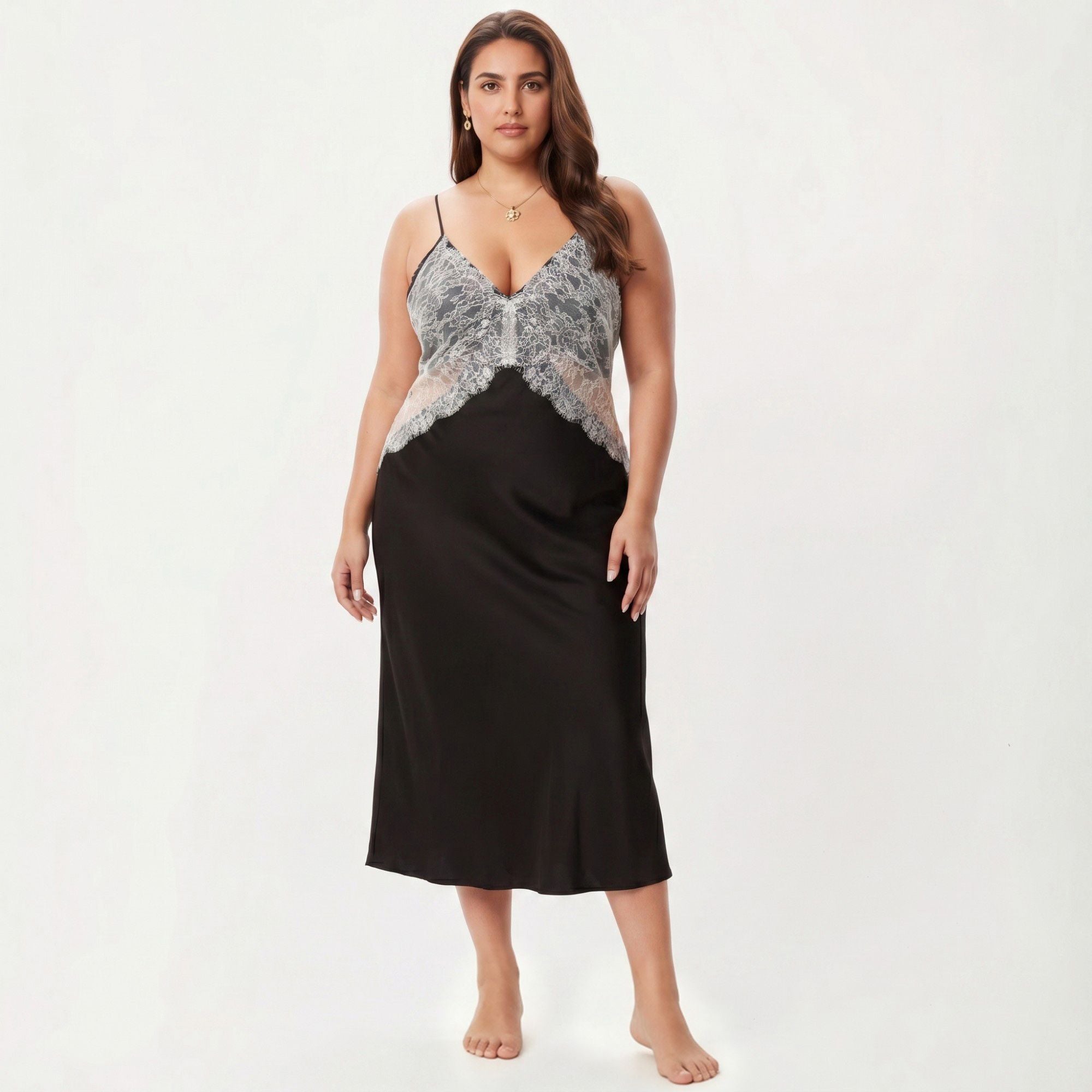 Anna-Kaci Lounge Women's Plus Size Long Satin Chemise Lace Panel Nightgown Adjustable Strap Slip Sleep Dress