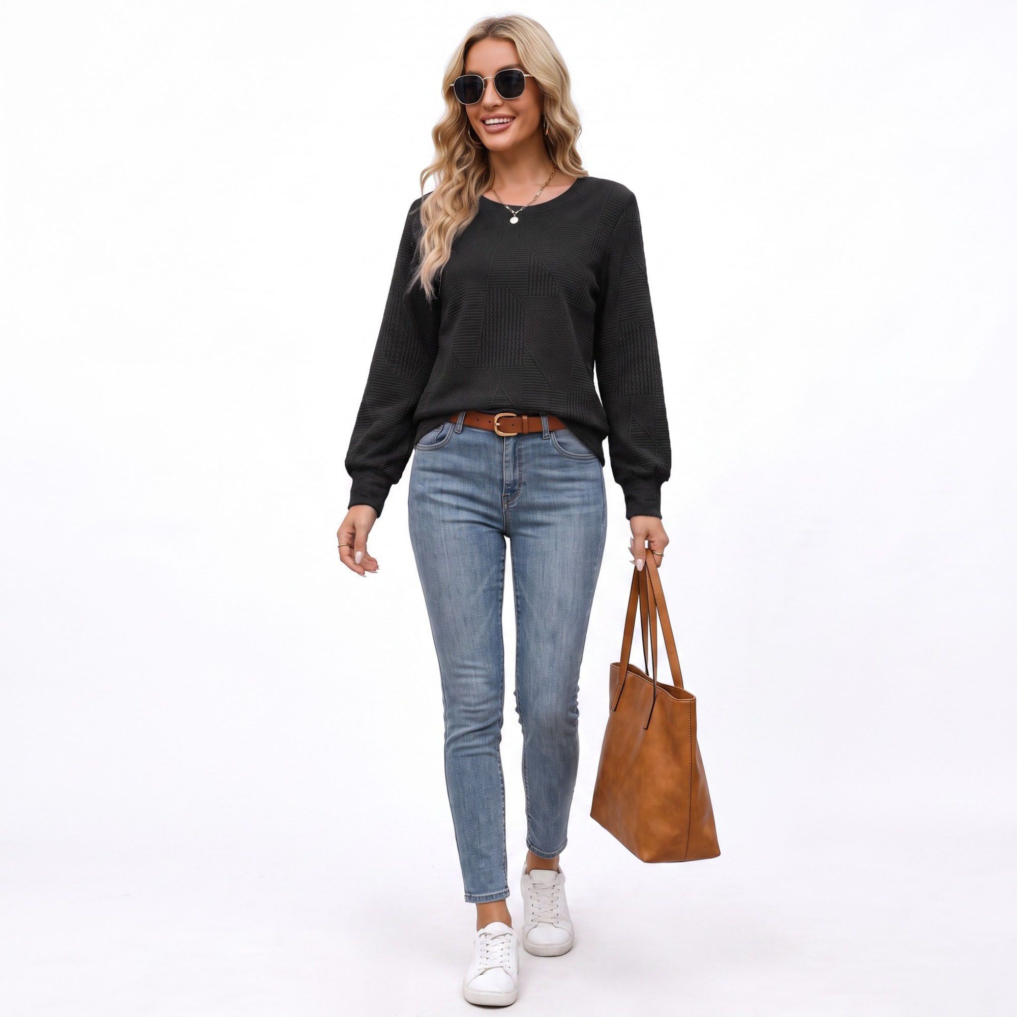 Textured Long Sleeve Crew Neck Pullover Top