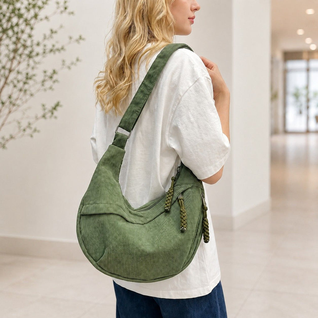 Corduroy Crescent Crossbody Bag with Adjustable Strap and Zip Pockets