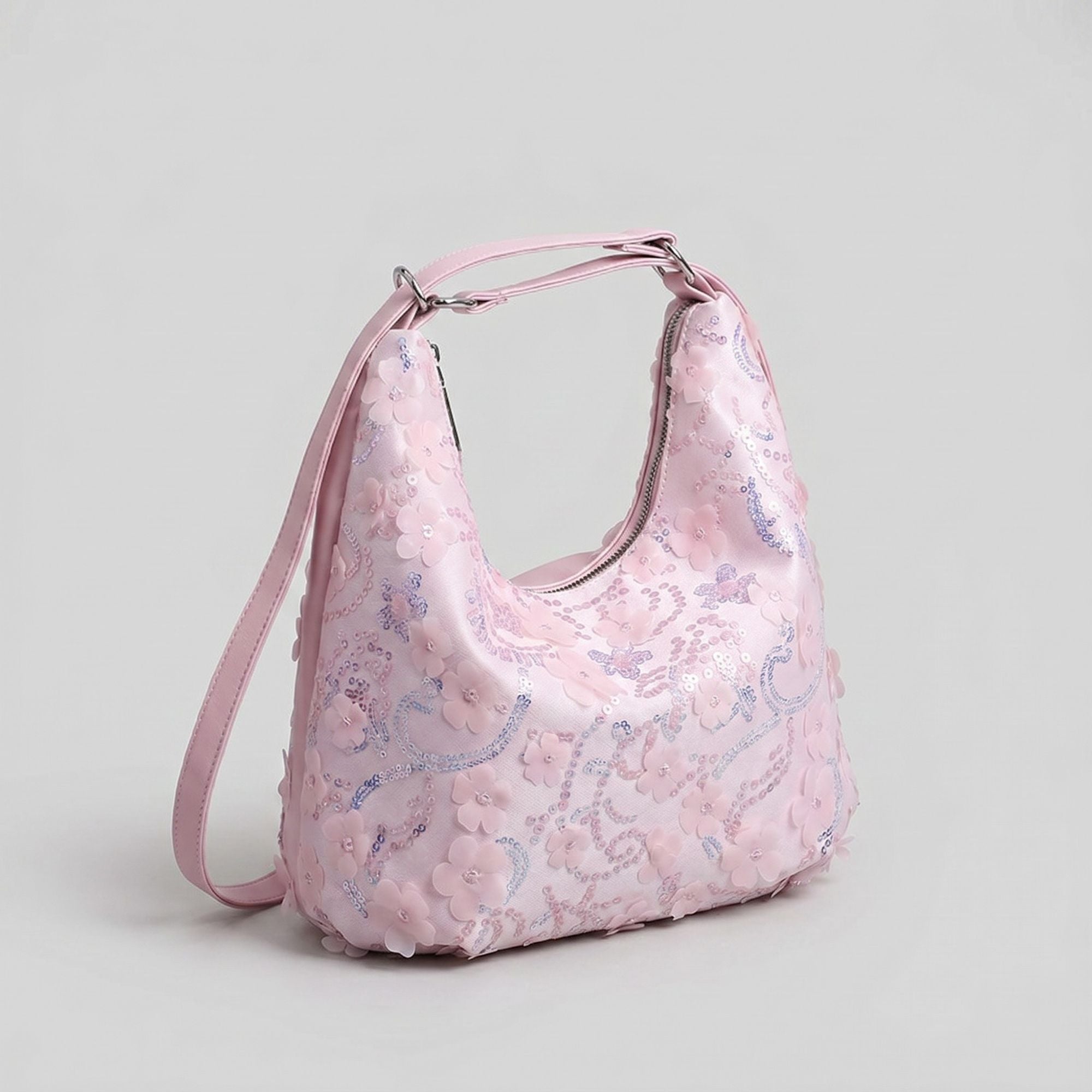 Floral Sequin Hobo Shoulder Bag with 3D Applique Details and Adjustable Strap