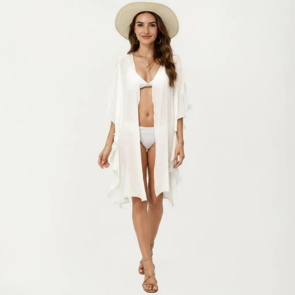 Anna-Kaci Women's Open Front Swim Cover Up Kimono with Ruffle Sleeves Lightweight Beach Cardigan