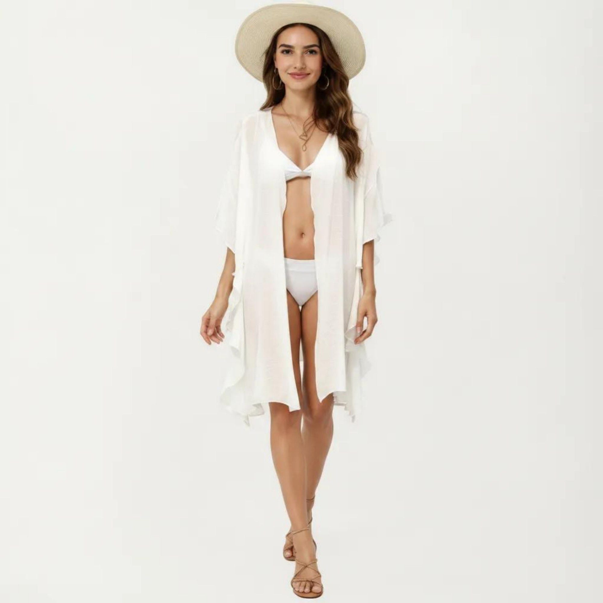 Anna-Kaci Women's Open Front Swim Cover Up Kimono with Ruffle Sleeves Lightweight Beach Cardigan