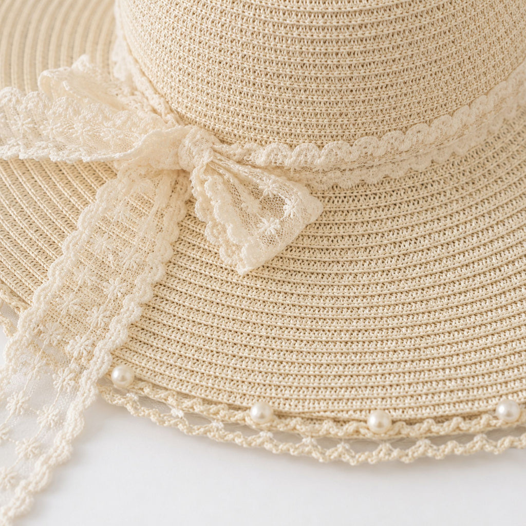 Wide Brim Sun Hat with Lace Bow and Pearl Trim