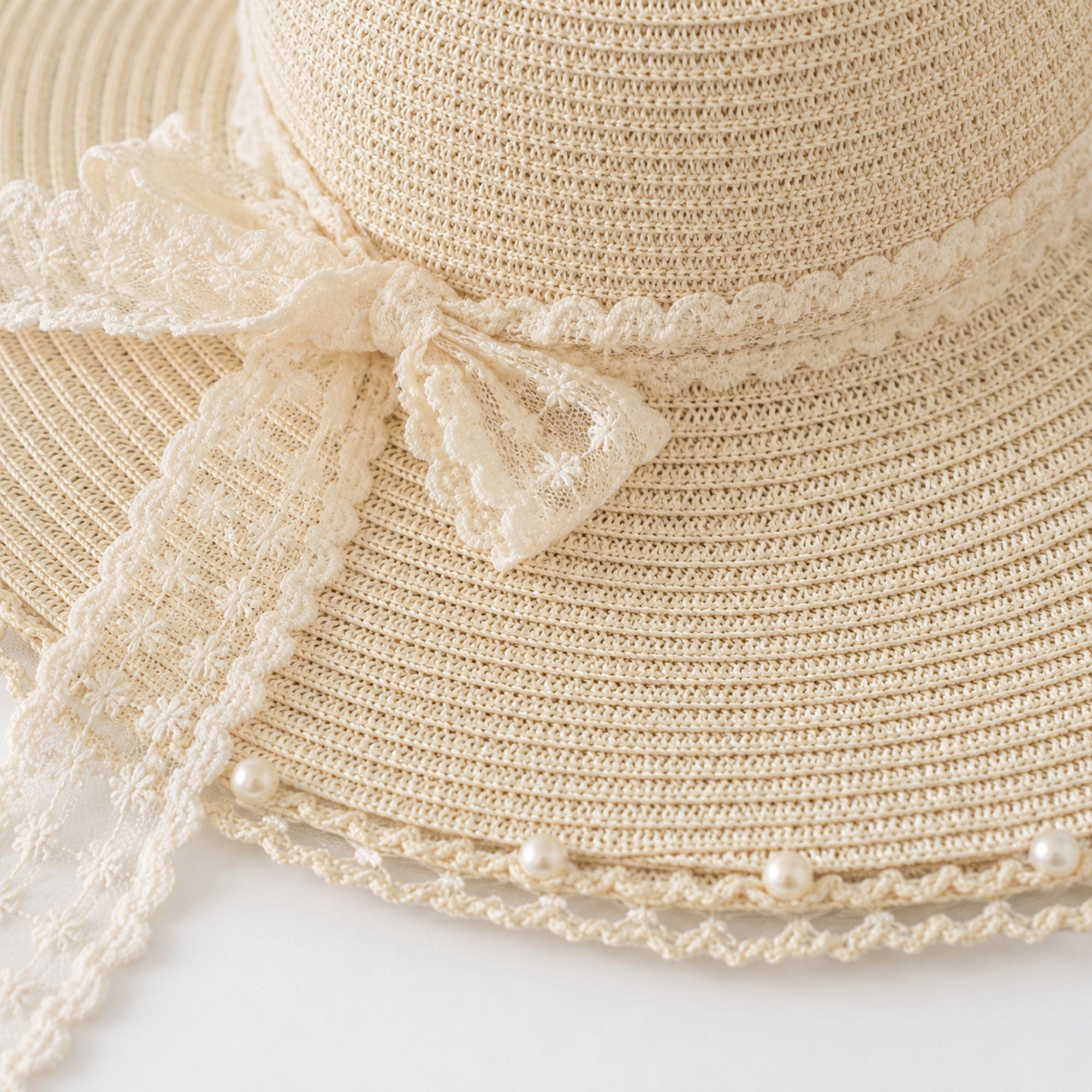 Wide Brim Sun Hat with Lace Bow and Pearl Trim