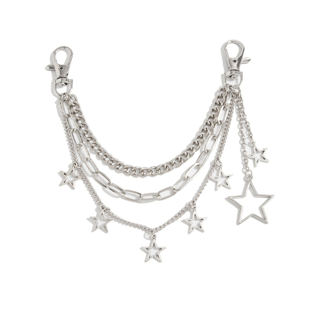 Star Chain Bag Charm with Layered Silver Tone Chains Clips and Hanging Star Pendants