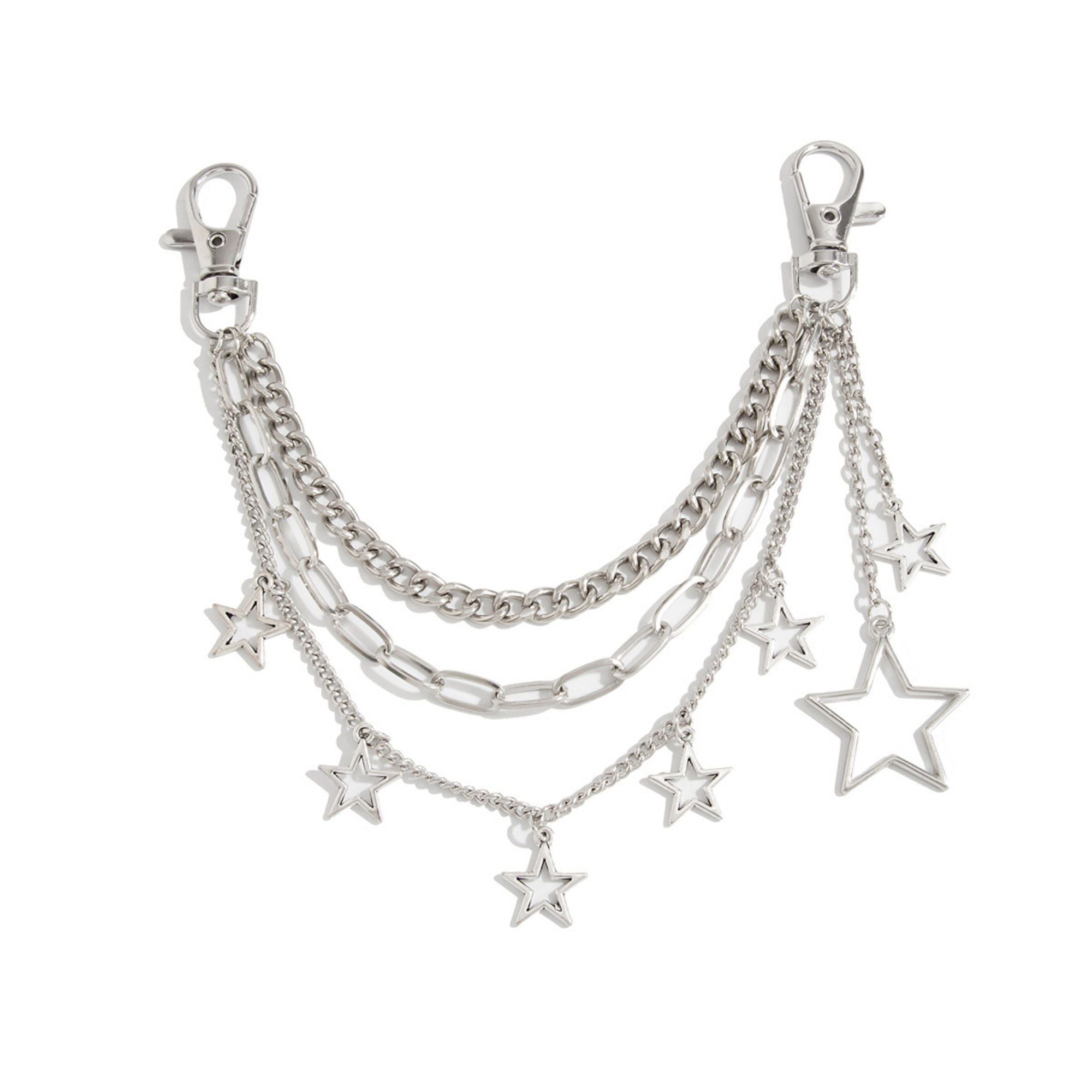 Star Chain Bag Charm with Layered Silver Tone Chains Clips and Hanging Star Pendants