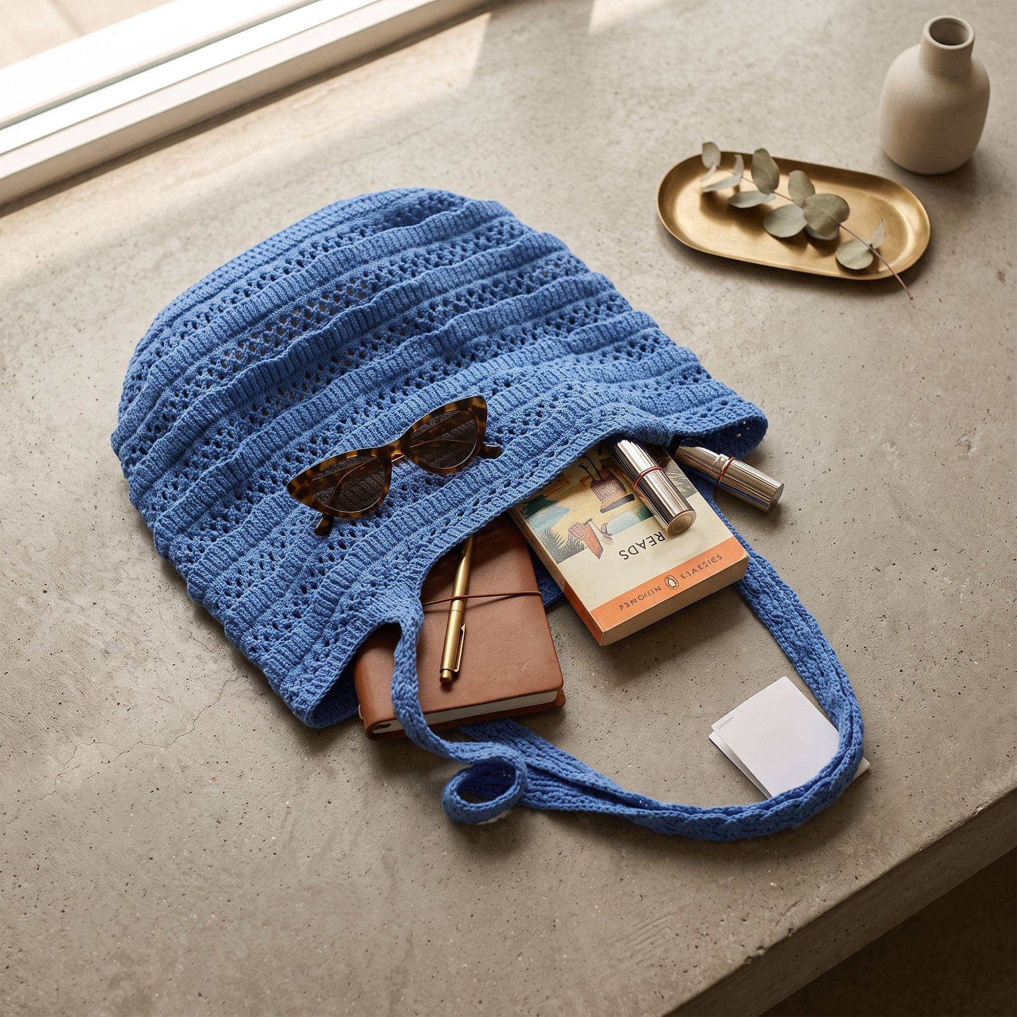 Crochet Knit Tote Bag with Openwork Ruffle Design and Long Handles