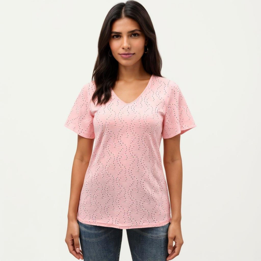 Anna-Kaci Women's Short Sleeve Eyelet V-Neck Top with Floral Embroidery and Flutter Sleeves