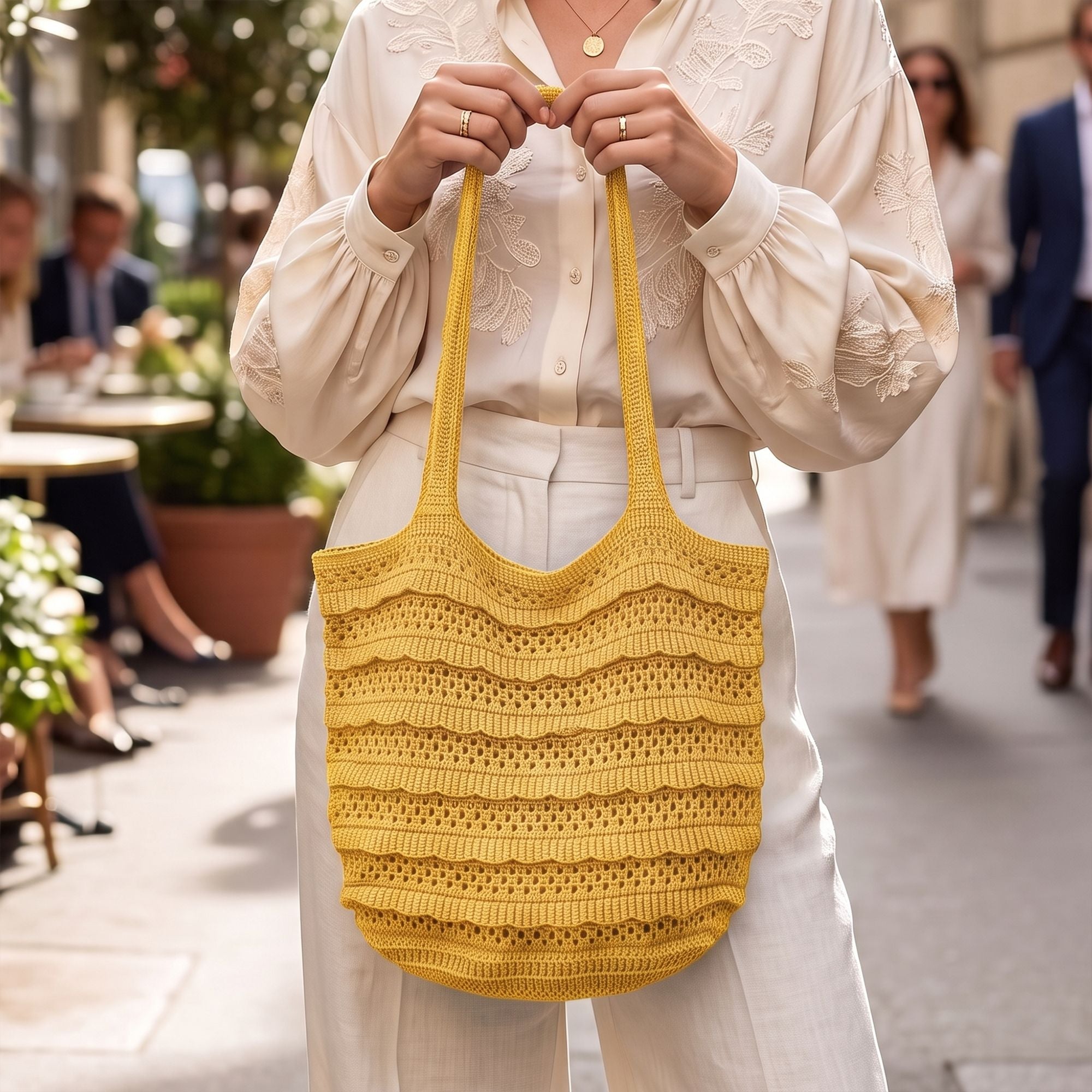 Crochet Knit Tote Bag with Openwork Ruffle Design and Long Handles