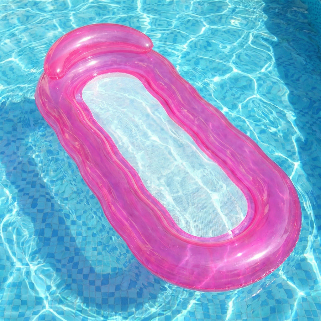 Pink Inflatable Pool Float with Mesh Center and Pillow Headrest