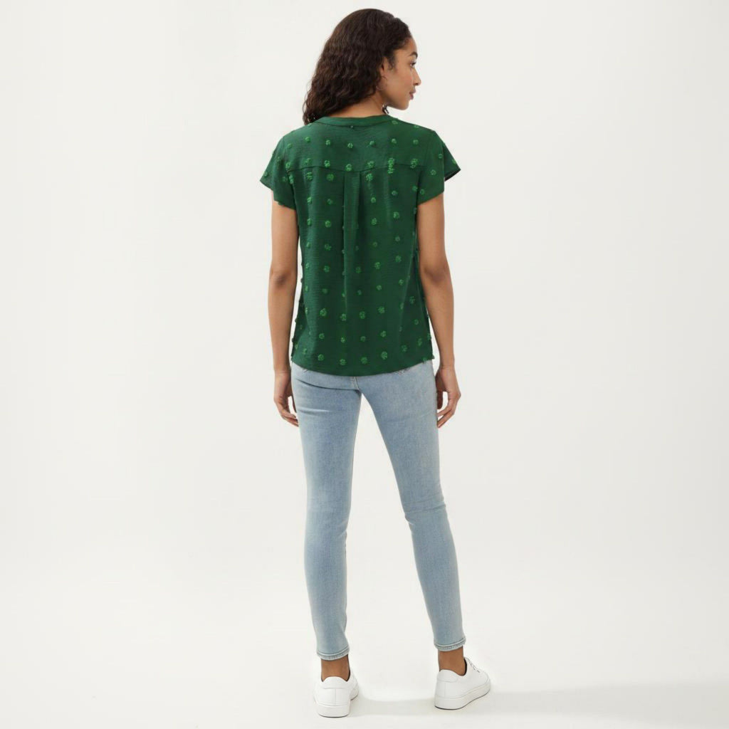Anna-Kaci Women's Short Sleeve Swiss Dot Top with Split Neckline and Soft Textured Fabric