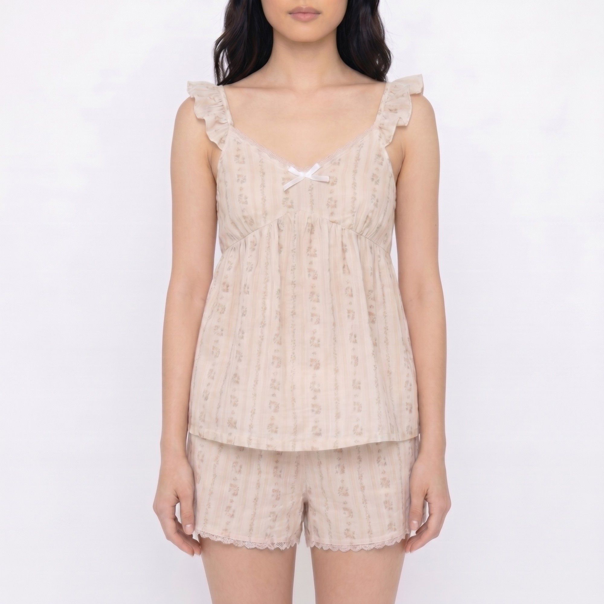 2-Piece Striped Ruffle Strap Cami Top and Shorts Sleepwear Lounge Set with Lace Trim and Relaxed Flowy Fit