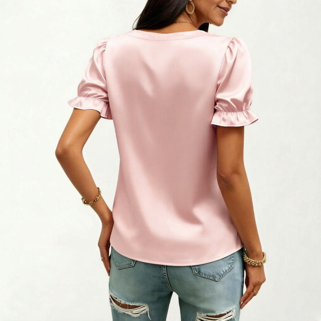 Anna-Kaci Women's Satin Faux Pearl Neck Top with Puff Sleeves and Smooth Draped Finish