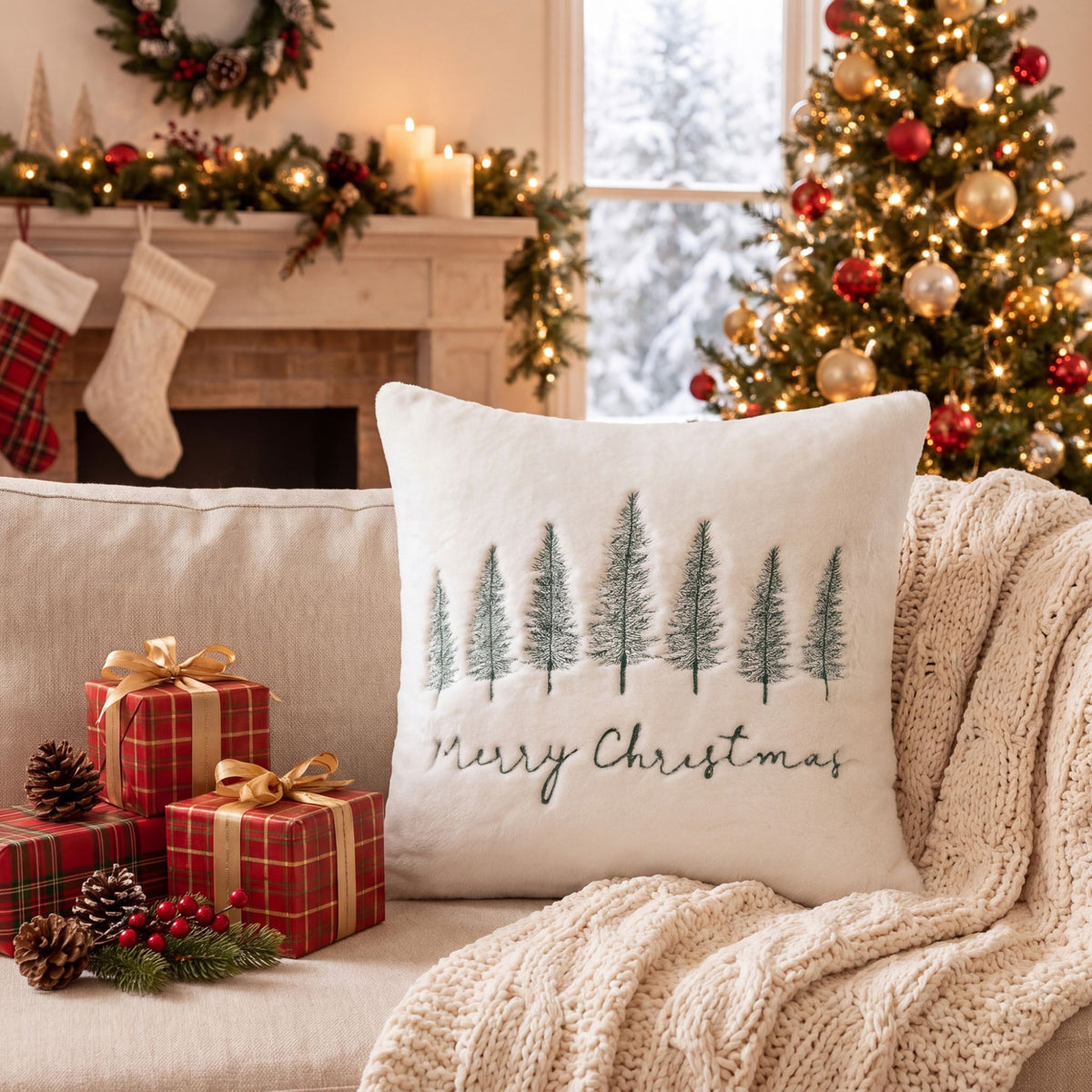 Christmas Tree Embroidered Plush Throw Pillow Cover Merry Christmas Decor