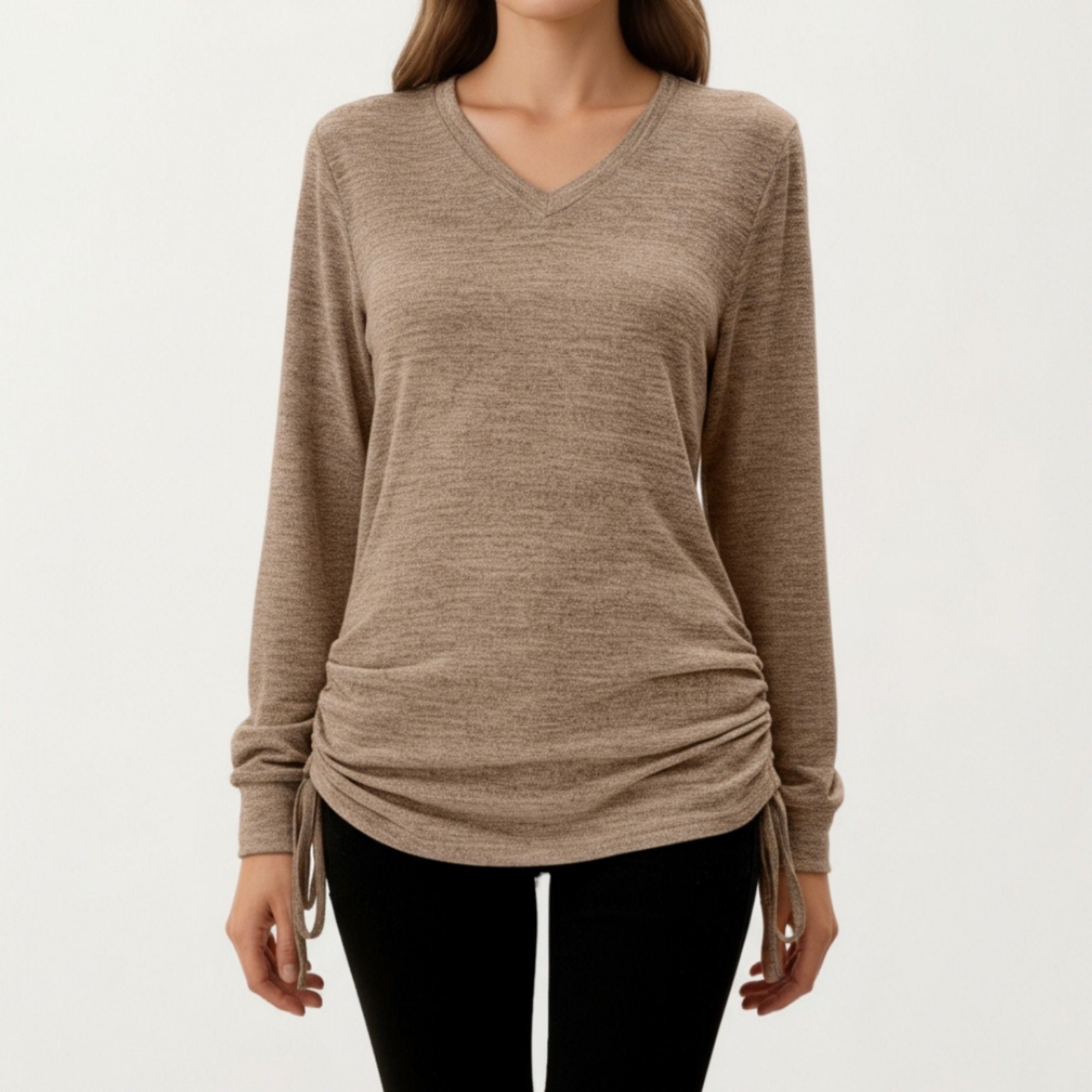 Anna-Kaci Women's Long Sleeve V-Neck Top with Side Drawstring Ruched Hem
