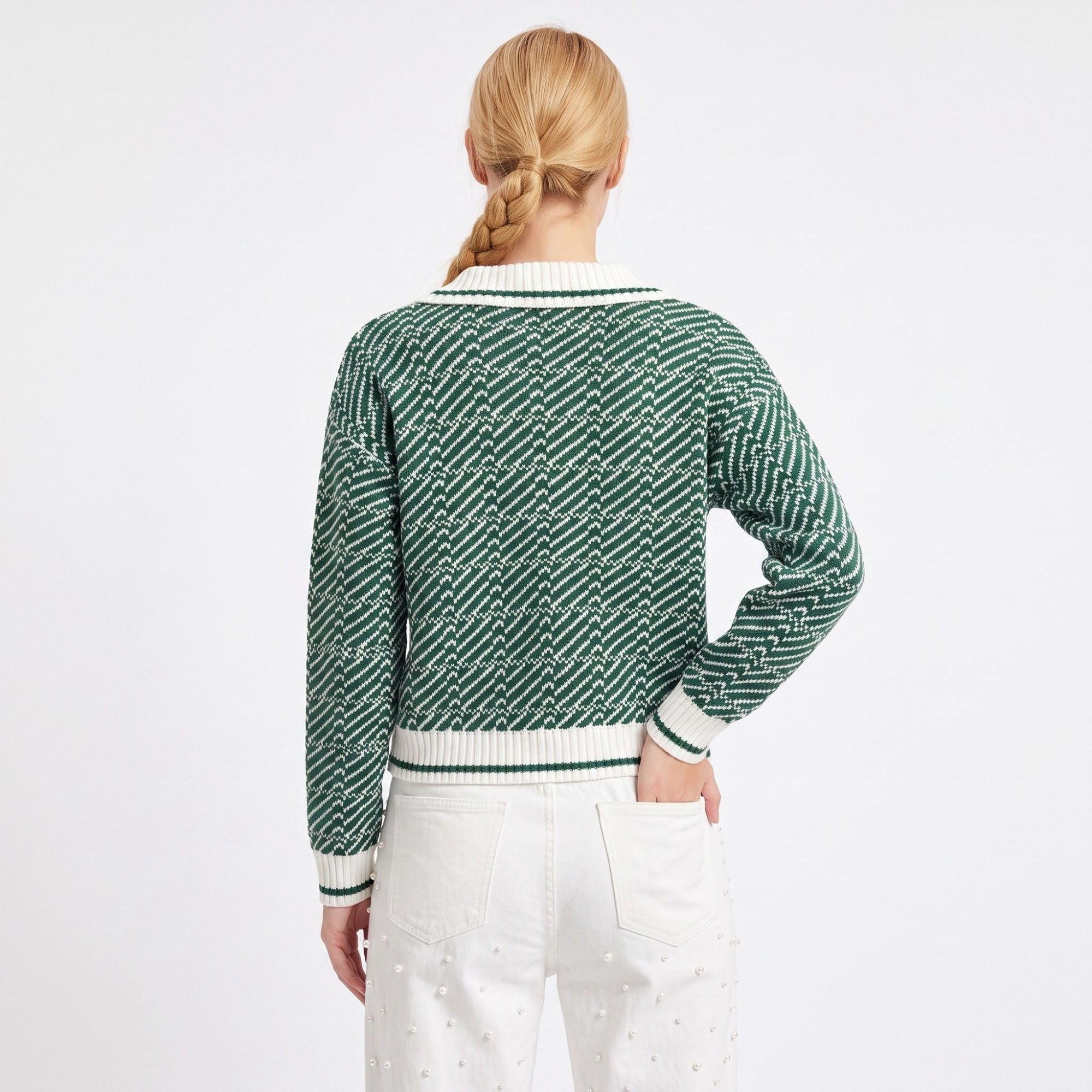 Geometric Knit Polo Collar Long Sleeve Sweater