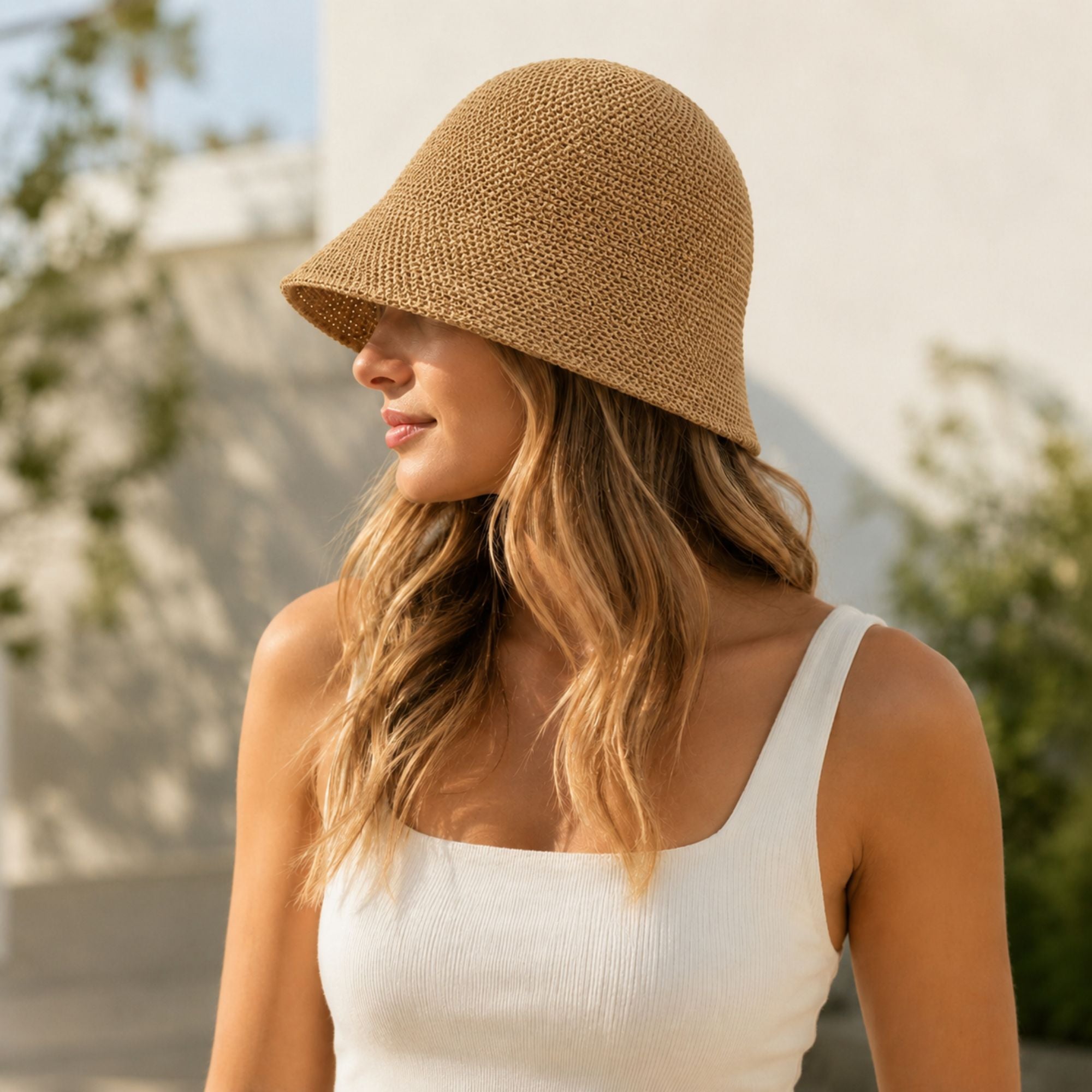 Crochet Bucket Hat with Openwork Texture and Short Brim