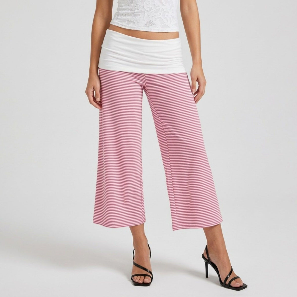 Contrast Foldover Waistband Striped Cropped Wide-Leg Trousers