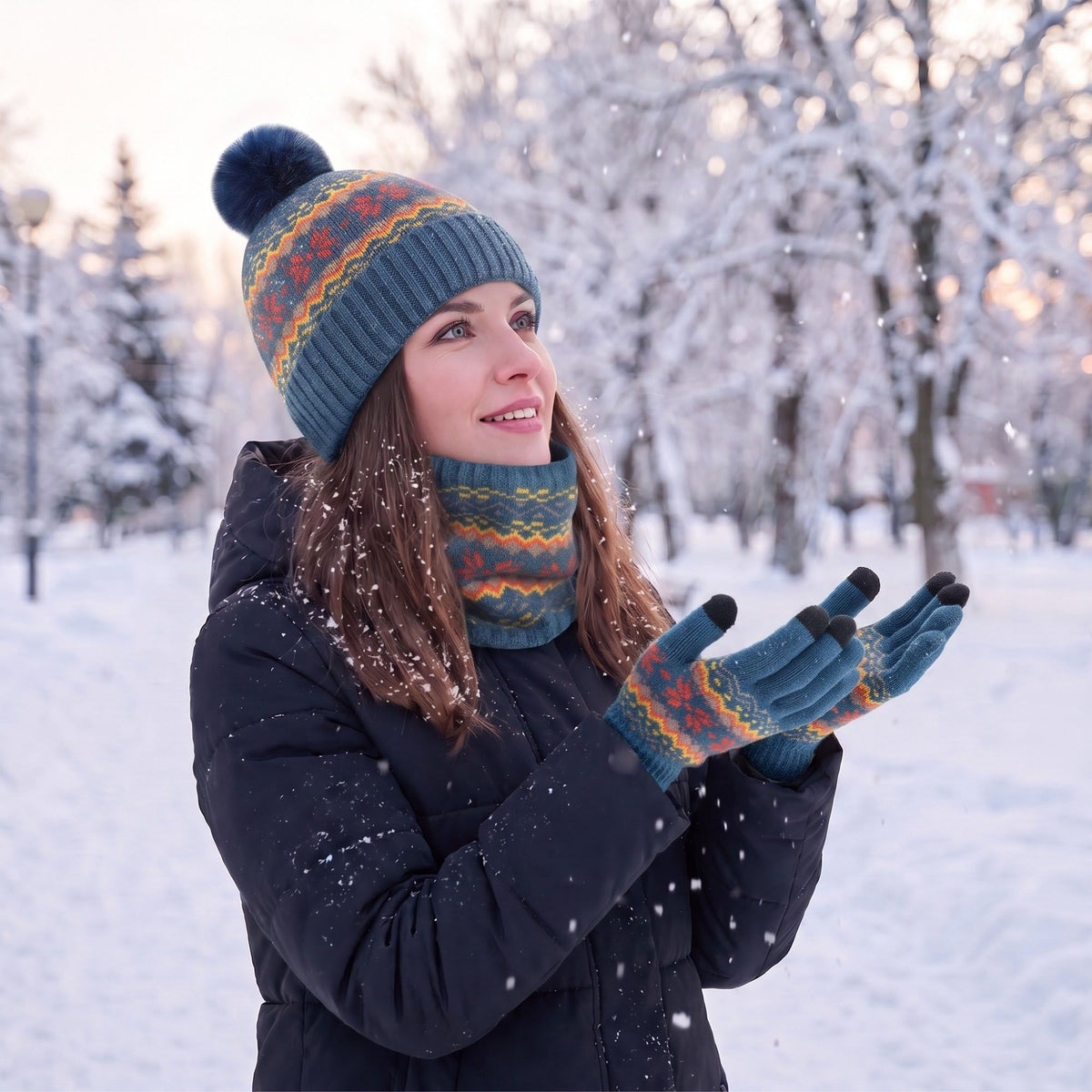 3 Piece Fair Isle Pom Beanie Neck Warmer and Gloves Set