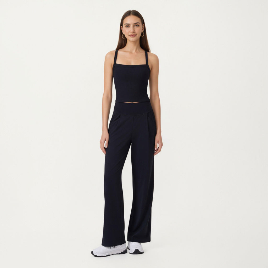 Anna-Kaci Active Women's Square Neck Ribbed Knit Cropped Tank Top with Wide Shoulder Straps