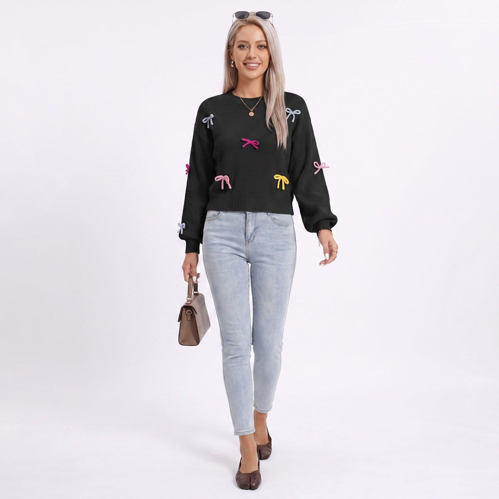 Colorful Bow Crew Neck Long Sleeve Knit Sweater