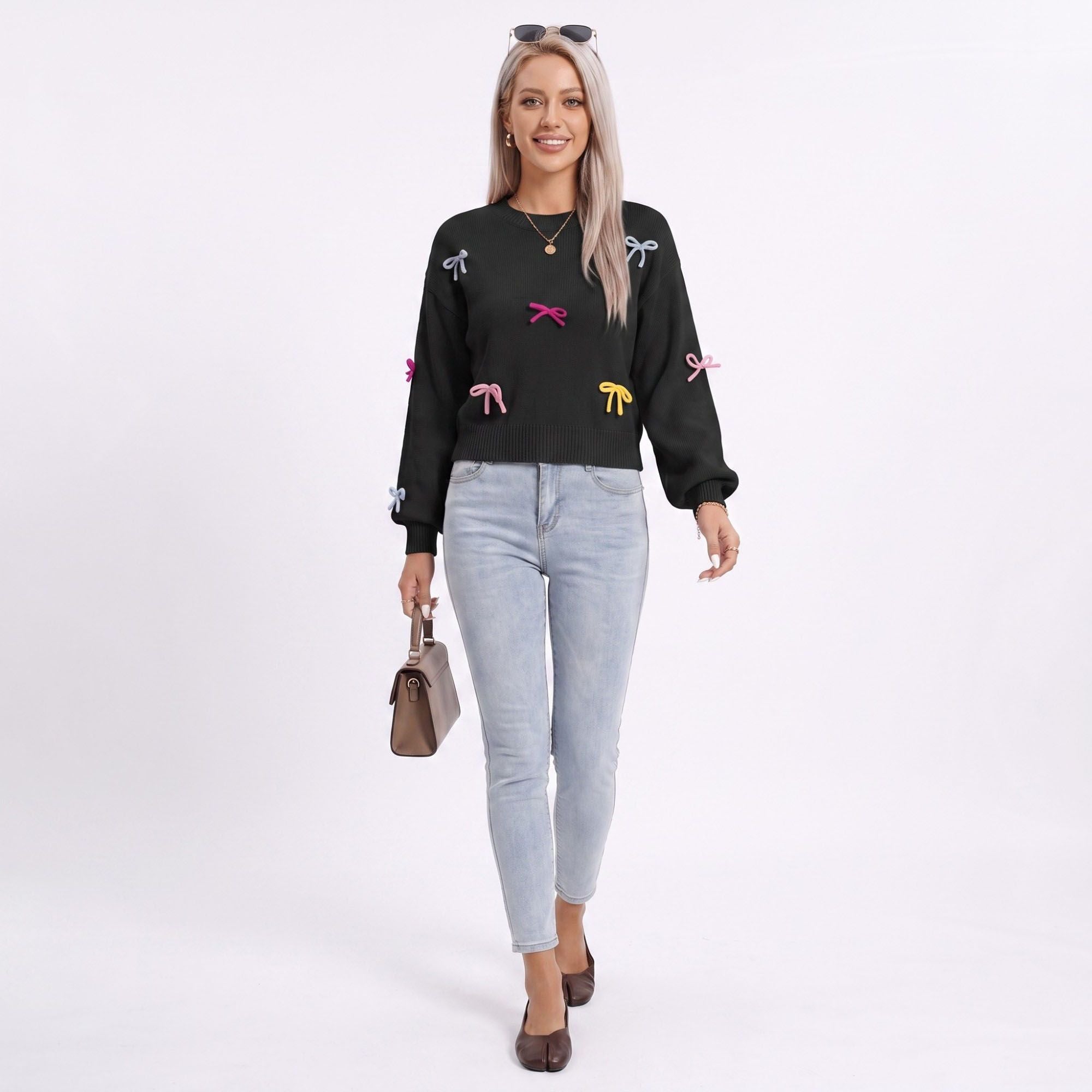 Colorful Bow Crew Neck Long Sleeve Knit Sweater