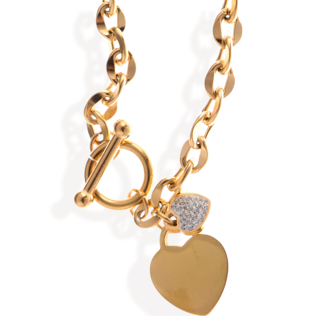 Gold Tone Chain Fashion Bracelet with Double Heart Charms and Toggle Clasp