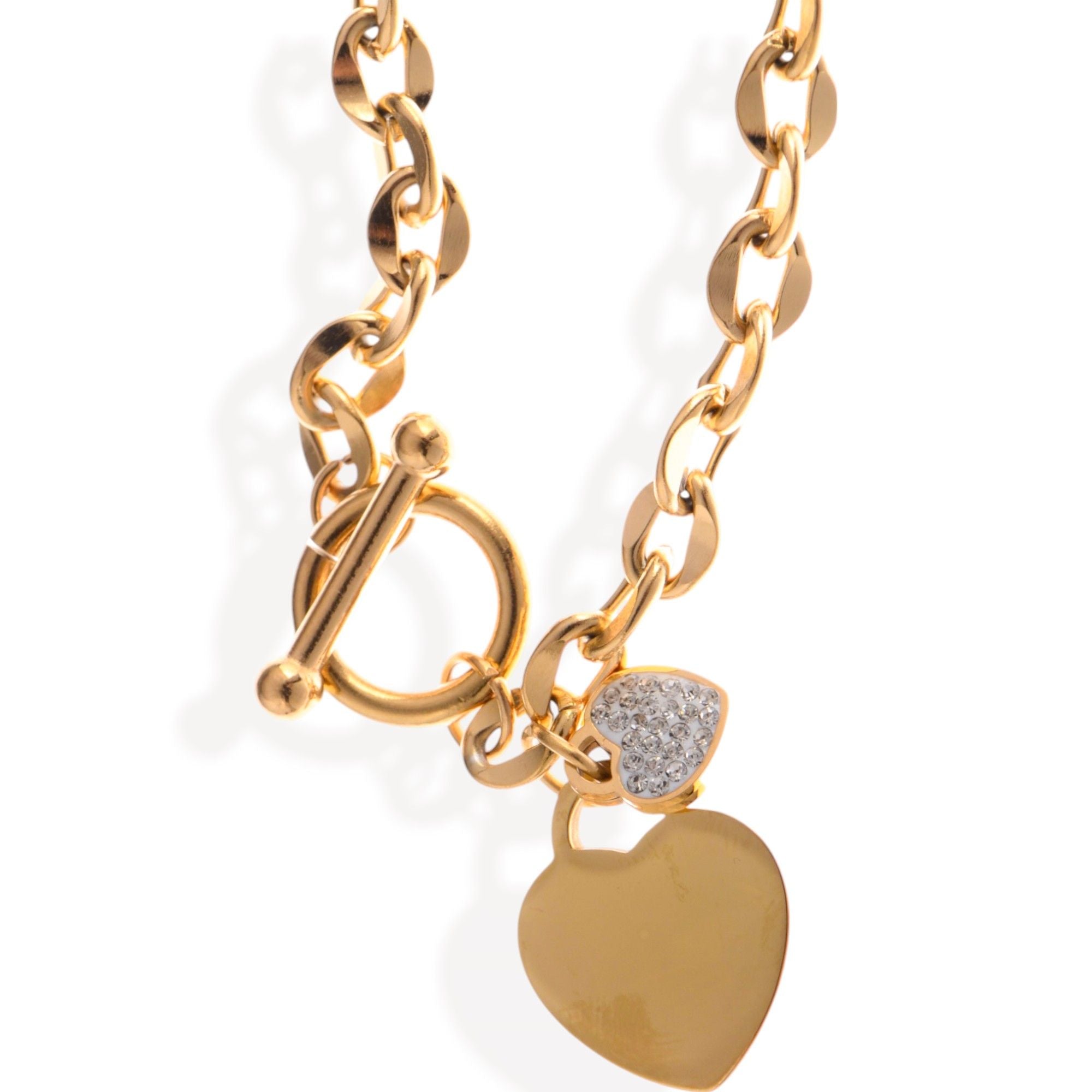 Gold Tone Chain Fashion Bracelet with Double Heart Charms and Toggle Clasp