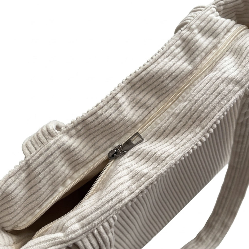 Corduroy Tote Bag Large Capacity Shoulder Bag with Side Pockets and Zipper Closure