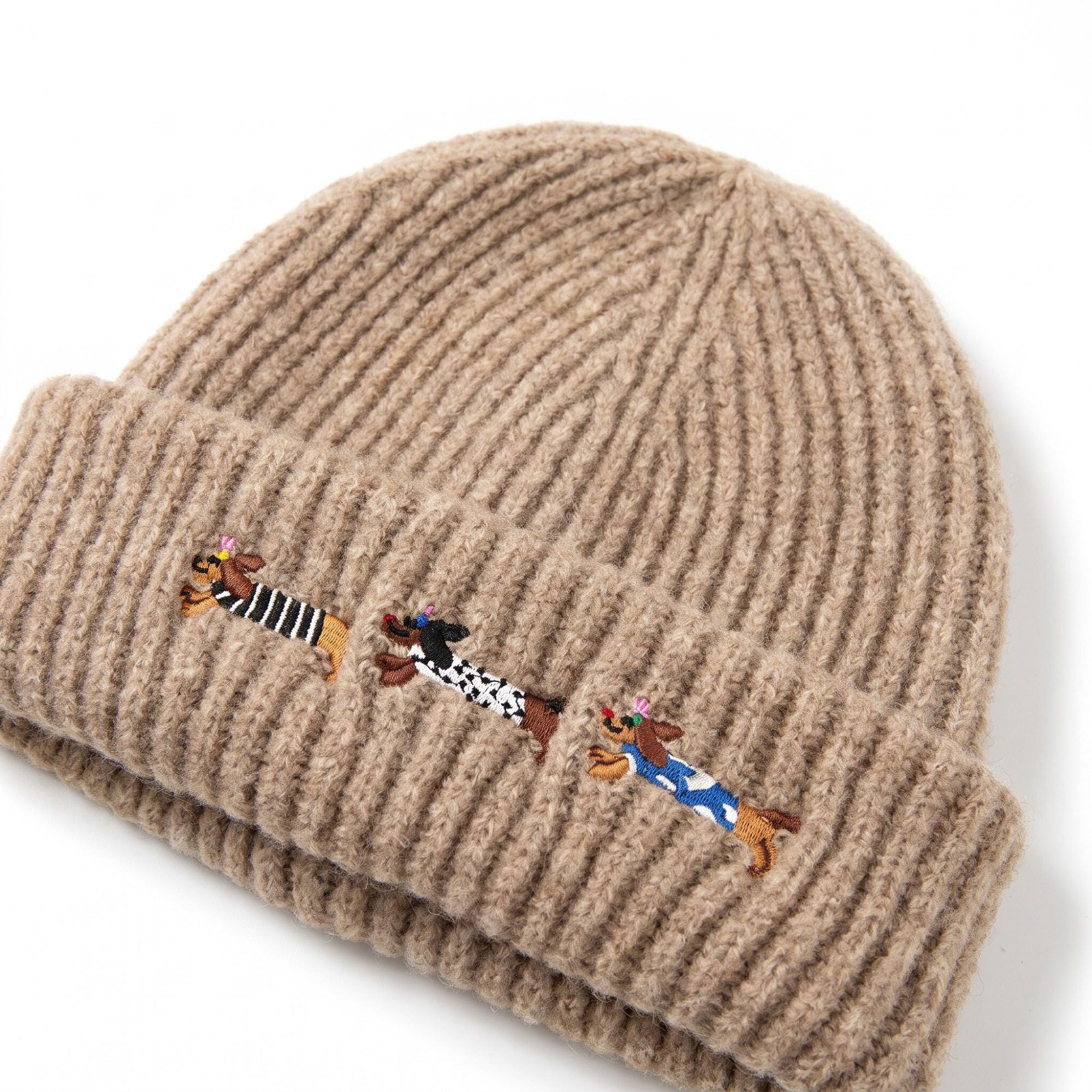 Embroidered Dachshund Knit Beanie Ribbed Cuff Winter Hat