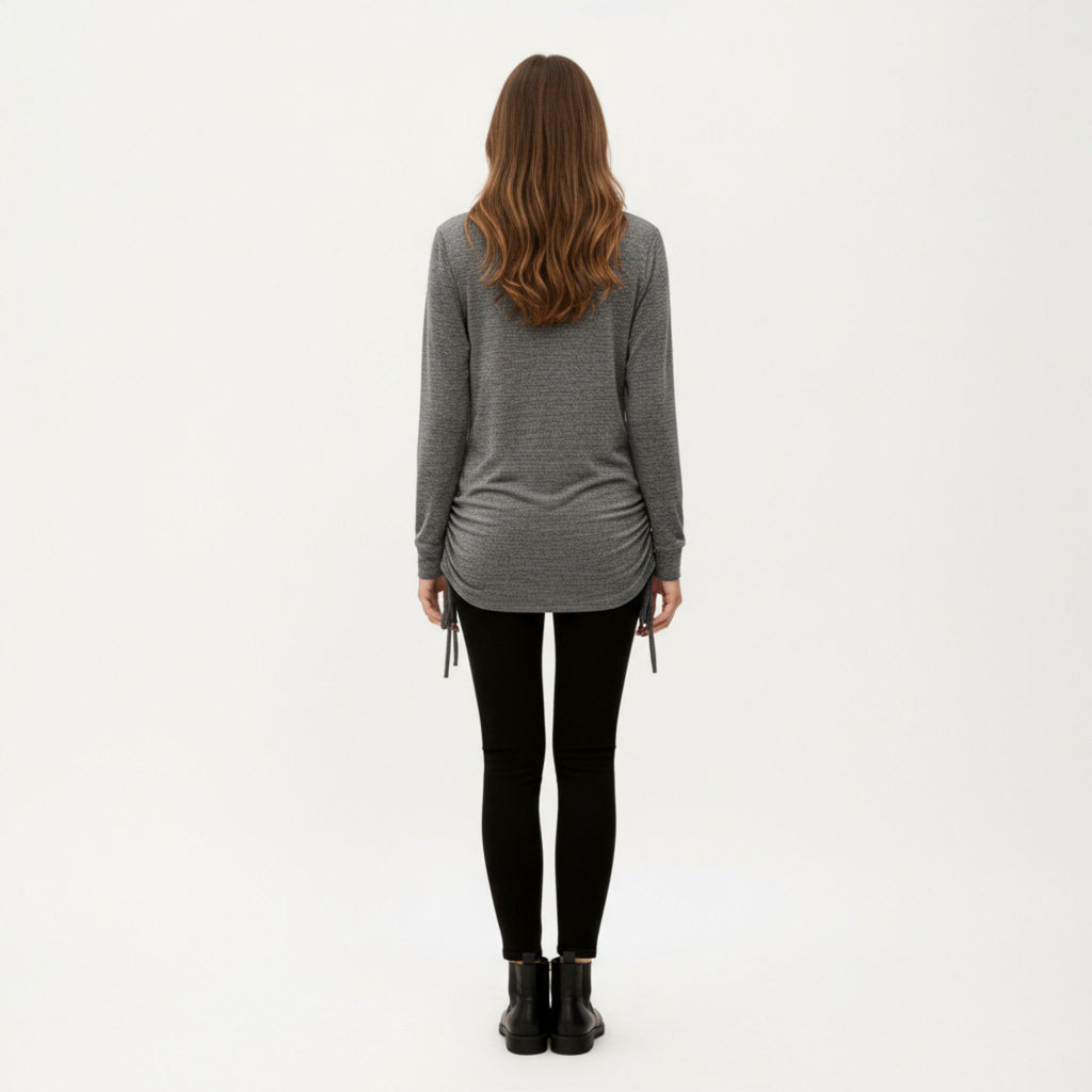 Anna-Kaci Women's Long Sleeve V-Neck Top with Side Drawstring Ruched Hem