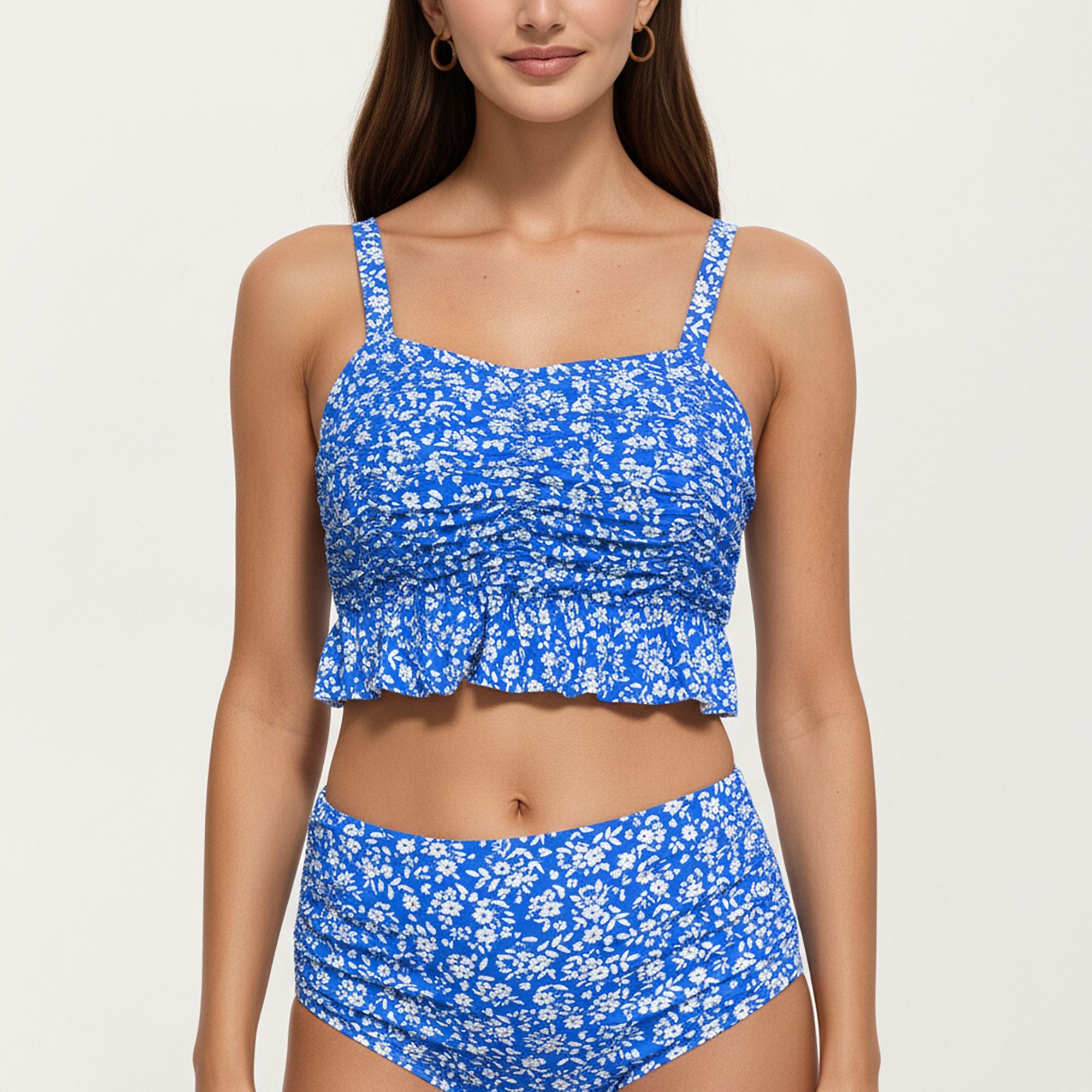 Anna-Kaci Swim Women's Floral Print Ruffled Maternity Bikini Set with High-Waisted Bottoms
