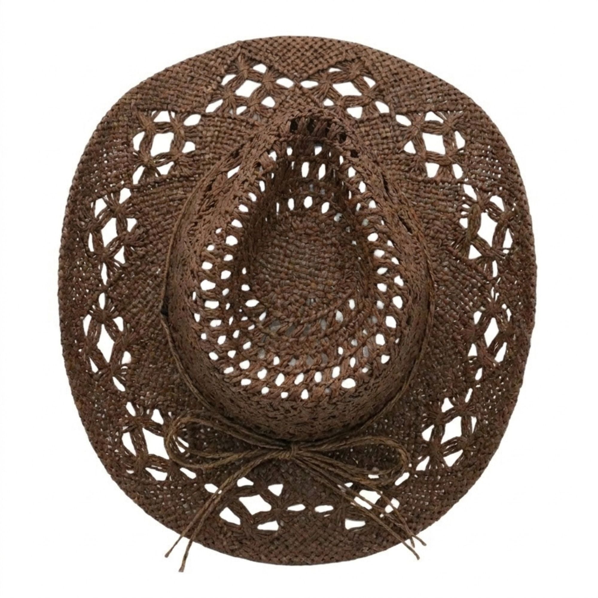 Open Weave Western Sun Hat with Wide Brim and Boho Floral Pattern