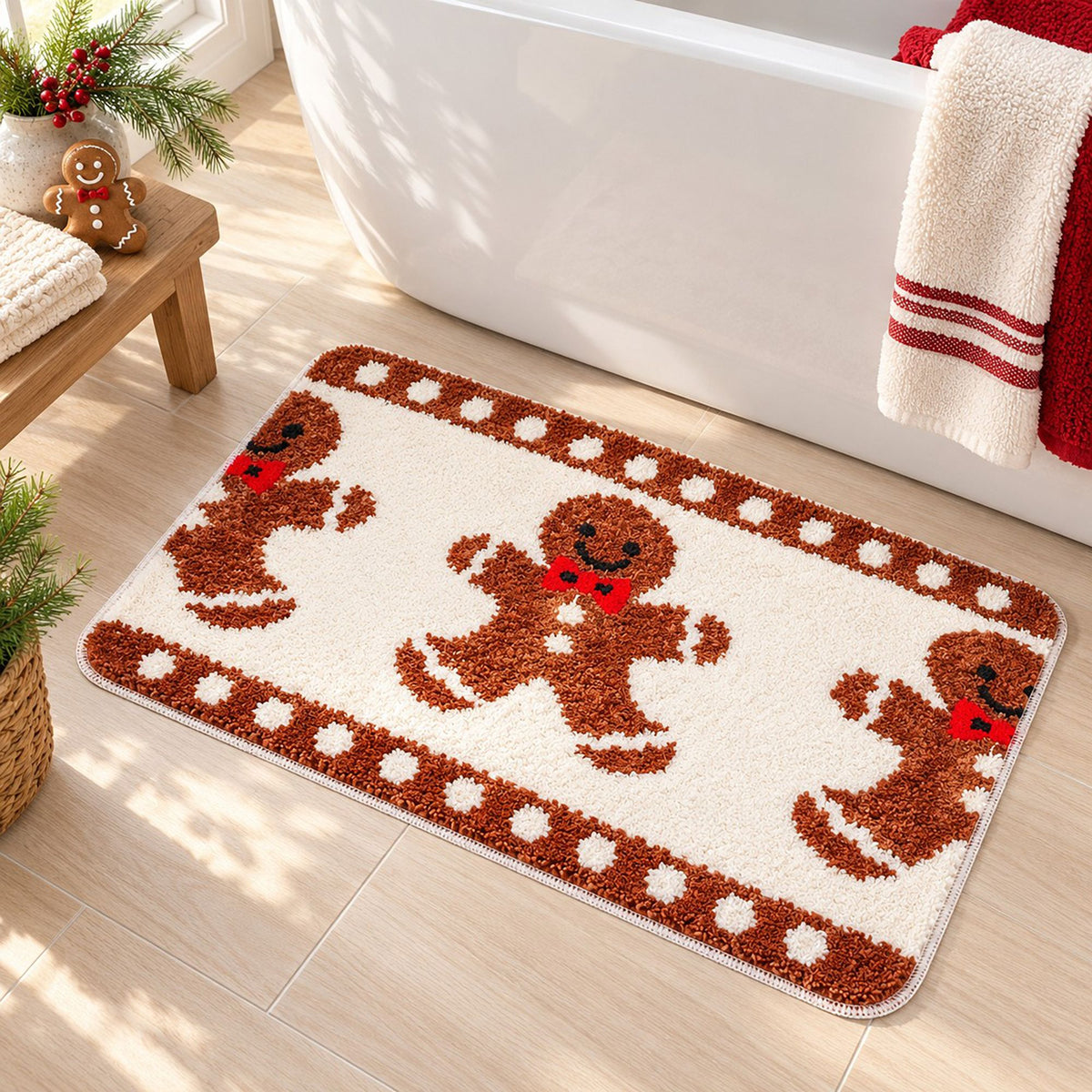 Christmas Gingerbread and Reindeer Tufted Bath Rug with Nonslip Backing 15.7 x 23.6 in