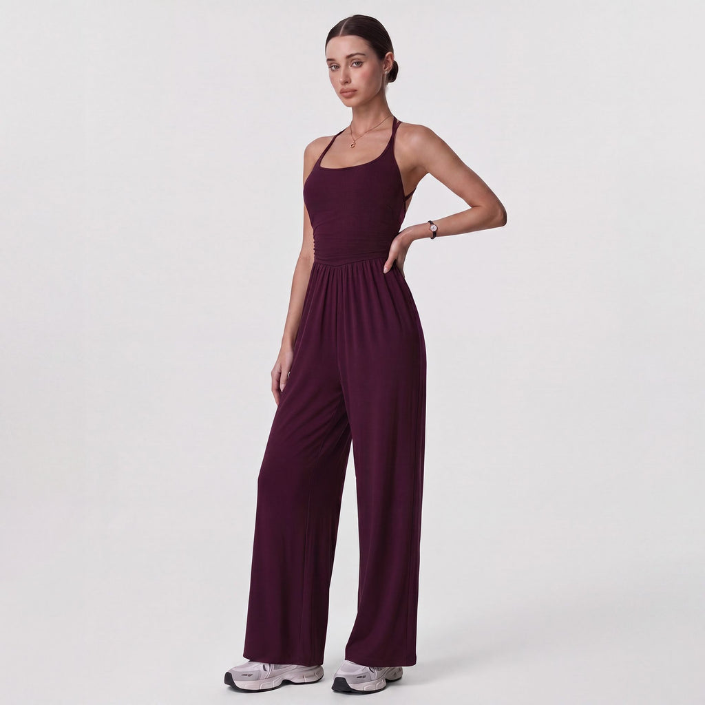 Sleeveless Halter Neck Wide Leg Jumpsuit with Ribbed Bodice Gathered Waist and Flowy Pants