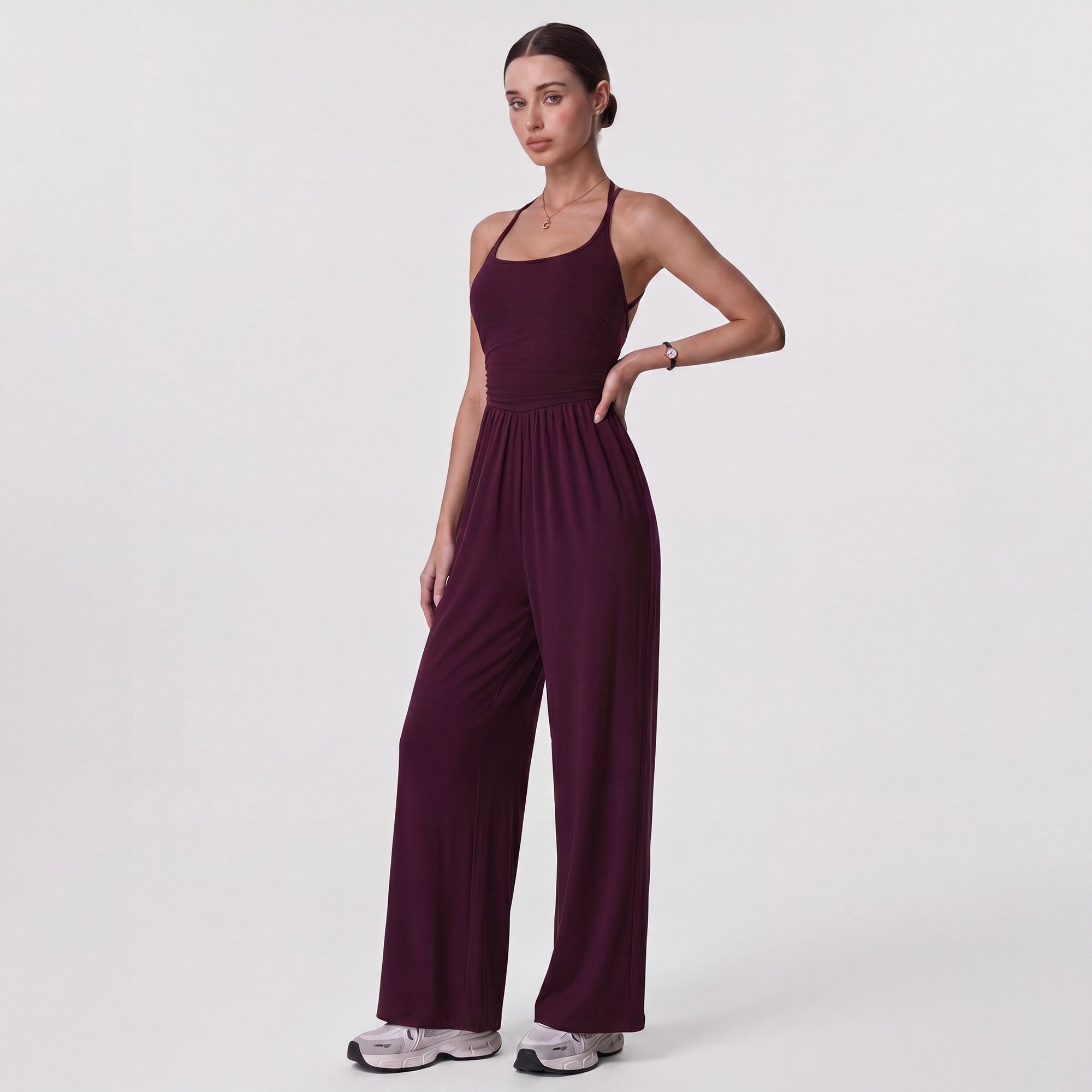 Sleeveless Halter Neck Wide Leg Jumpsuit with Ribbed Bodice Gathered Waist and Flowy Pants