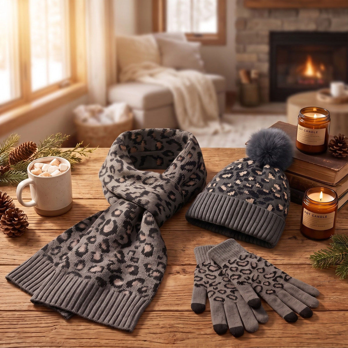 3 Piece Leopard Print Pom Beanie Scarf and Touchscreen Gloves Set