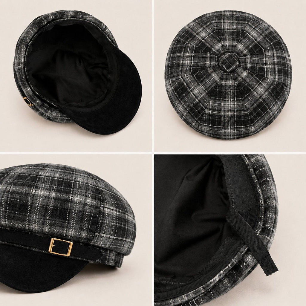 Plaid Newsboy Cap Vintage Baker Boy Hat Adjustable Buckle Band