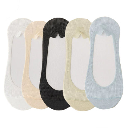 Anna-Kaci 5 Pairs Women No Show Mesh Panel Socks Low Cut Stretch Cotton Liner Non-Slip Design for Ballet Flats and Loafers