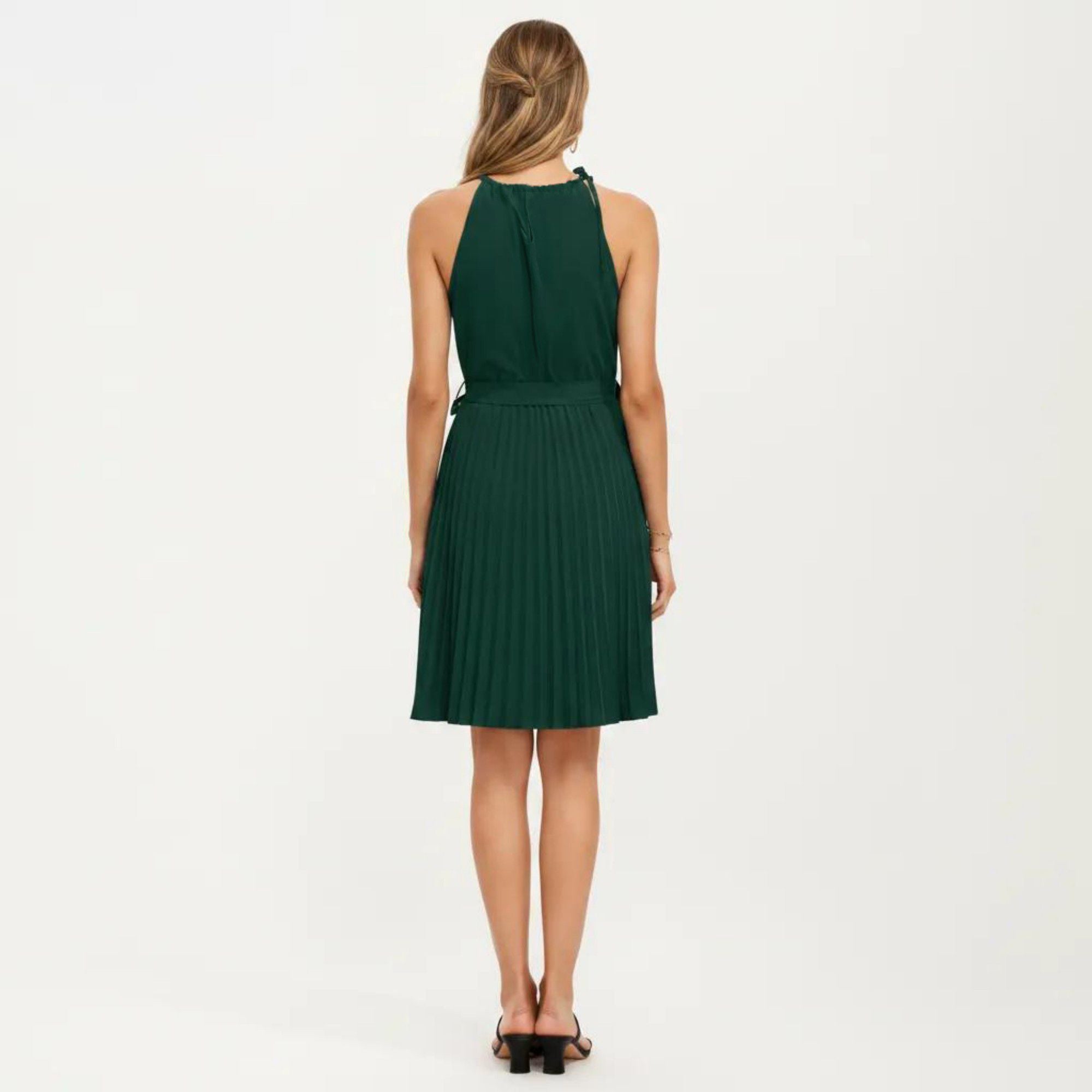 Anna-Kaci Women's Sleeveless Halter Midi Dress with Pleated Skirt and Waist Tie